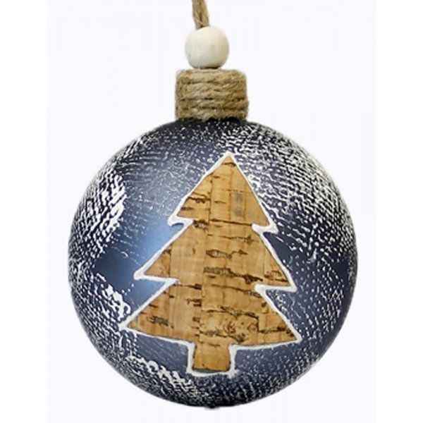 Χριστουγεννιάτικη Γυάλινη Μπάλα Μπλε, με Καφέ Δεντράκι (8cm)